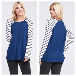 Blue Raglan Long Sleeve Striped Top | Casual Soft Fall Shirt